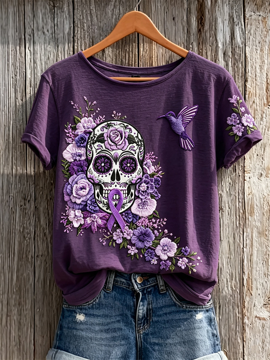 Women's Alzheimer Awareness Sugar Skull Floral Print short-sleeved T-shirt