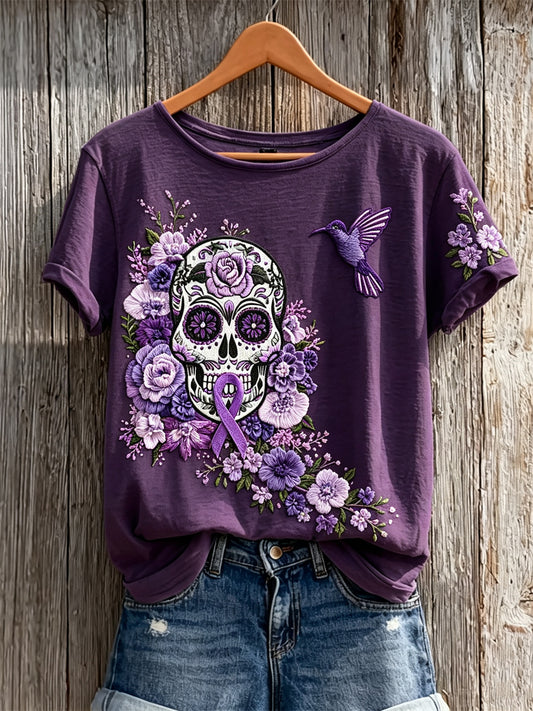 Women's Alzheimer Awareness Sugar Skull Floral Print short-sleeved T-shirt