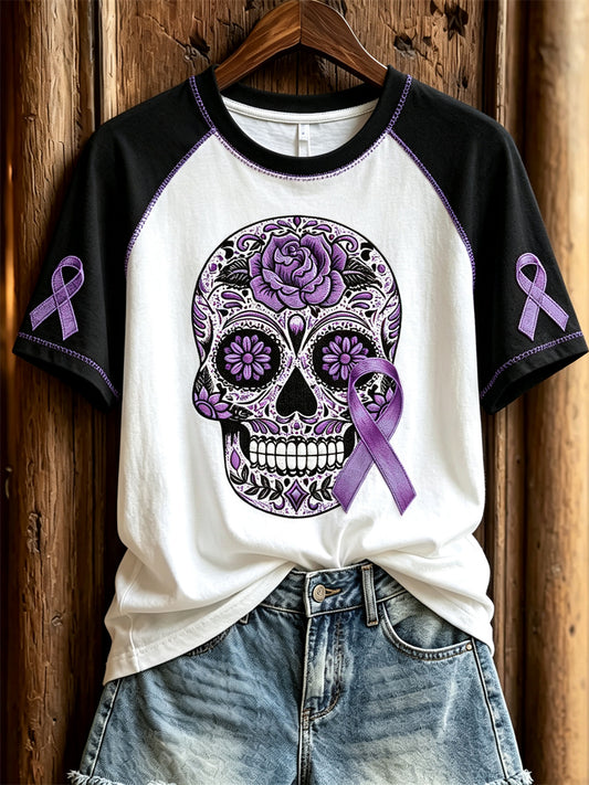Women's Alzheimer Awareness Sugar Skull Floral Print Contrast Raglan short sleeve T-shirt