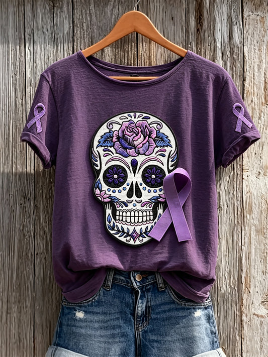 Women's Alzheimer Awareness Sugar Skull Floral Print short-sleeved T-shirt