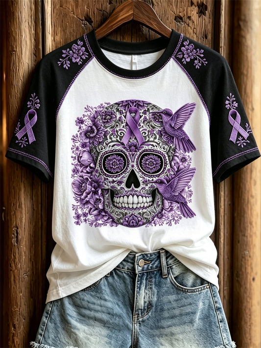 Women's Alzheimer Awareness Sugar Skull Floral Print Contrast Raglan short sleeve T-shirt