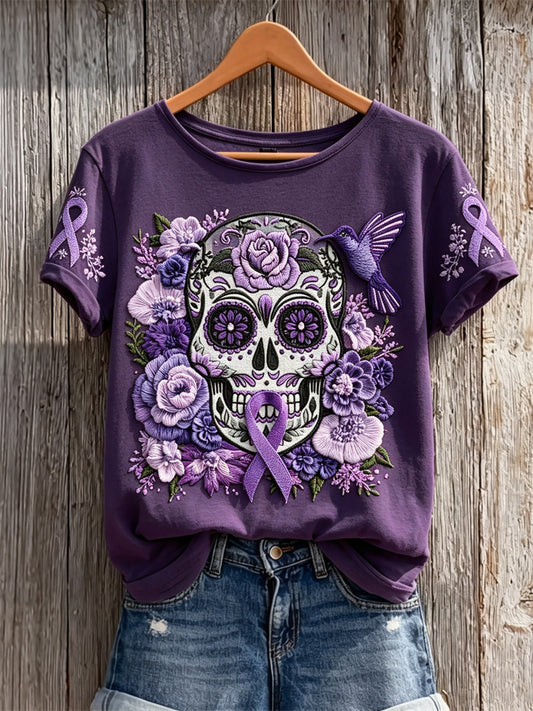 Women's Alzheimer Awareness Sugar Skull Floral Print short-sleeved T-shirt