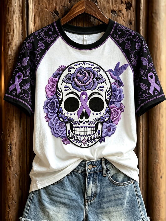 Women's Alzheimer Awareness Sugar Skull Floral Print Contrast Raglan short sleeve T-shirt
