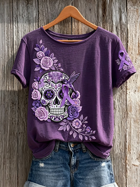 Women's Alzheimer Awareness Sugar Skull Floral Print short-sleeved T-shirt
