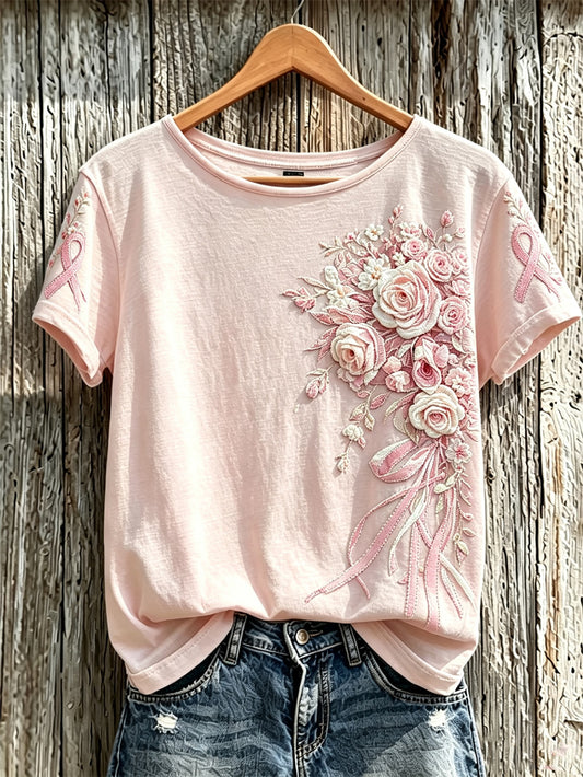 Women's breast cancer pink floral pattern printed casual short-sleeve T-shirt