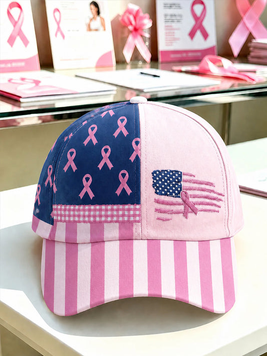 Unisex Breast Cancer Awareness Support Pink Ribbon & Flag Print  Hat