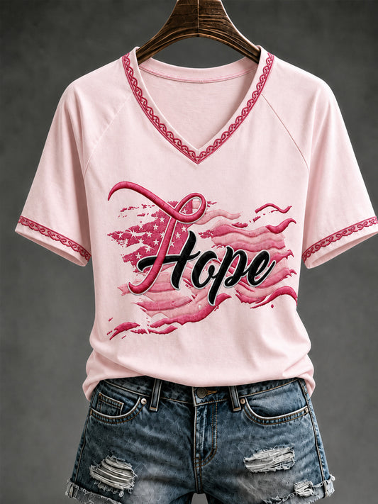 Women's Pink Ribbon & Flag Print Breast Cancer Awareness Support  V-neck Off-shoulder Short-sleeved T-shirt