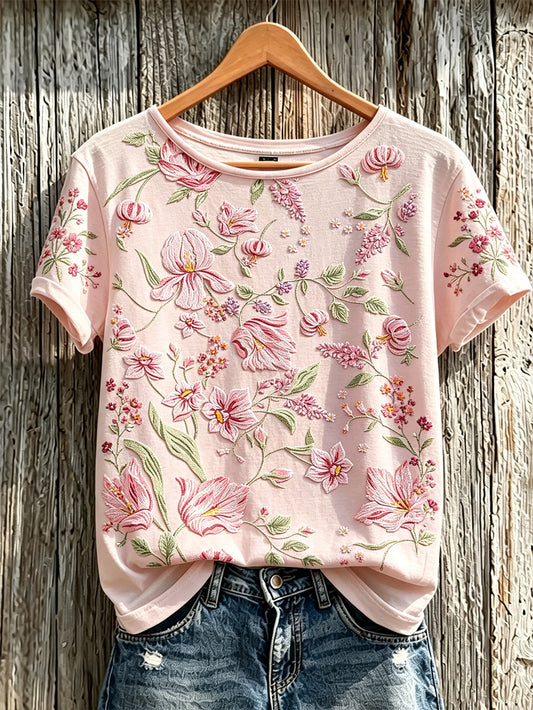 Women's pink flowers pattern printed short-sleeved T-shirt