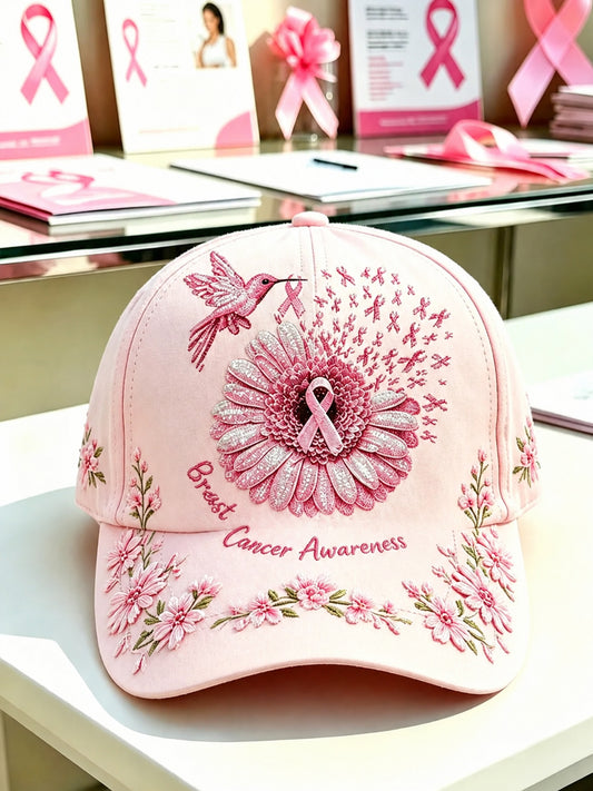 Unisex Breast Cancer Awareness Support Pink Ribbon & Floral Hummingbird Print  Hat