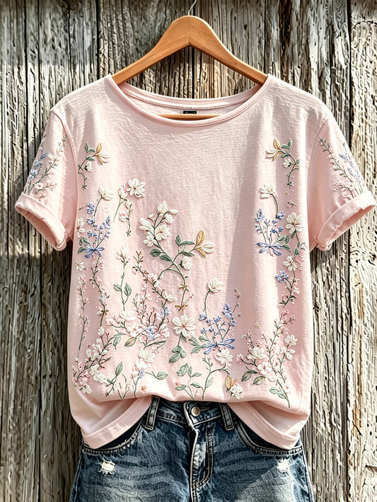 Women's pink flowers pattern printed short-sleeved T-shirt