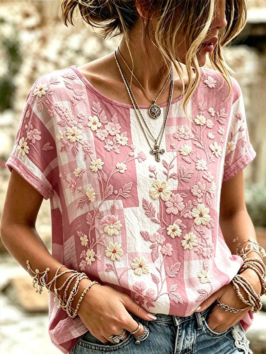 Women's Breast Cancer Awareness Floral Plaid Linen Short-sleeved T-shirt