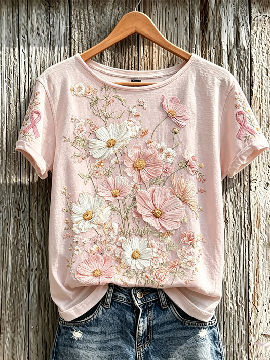 Women's breast cancer pink floral pattern printed casual short-sleeve T-shirt