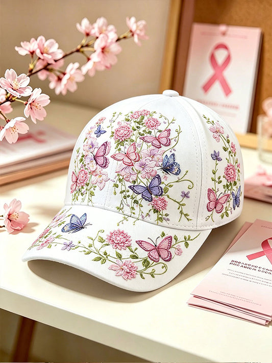 Unisex Breast Cancer Awareness Floral Plaid Butterfly Hat