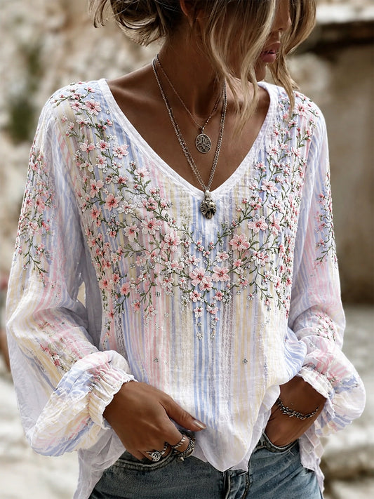 Women's Breast Cancer Flowers Print Cotton-Linen Shirt