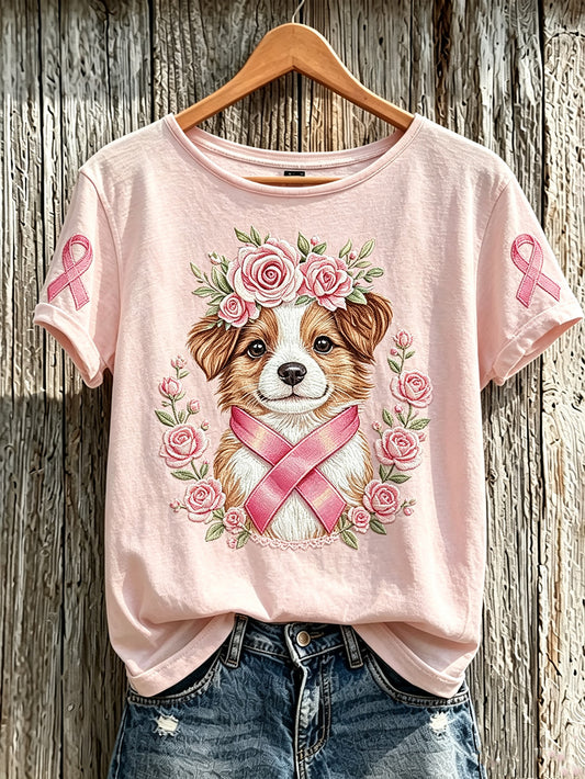 Women's Breast Cancer Cute Dog Pattern Printed Casual Short-Sleeve T-Shirt