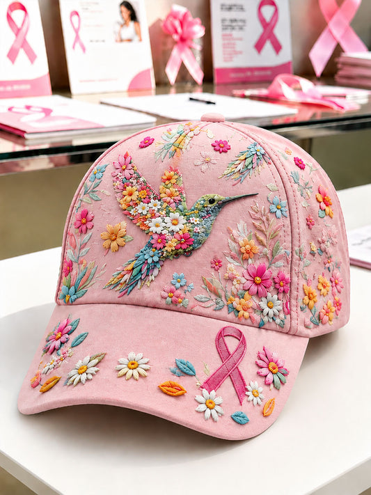 Unisex Breast Cancer Awareness Support Pink Ribbon & Floral Hummingbird Print Hat