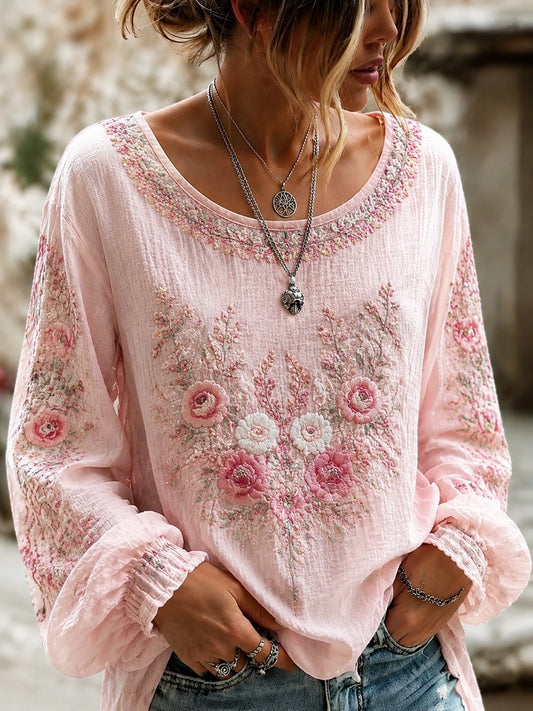 Women's Breast Cancer Pink Flowers Print Cotton-Linen Shirt