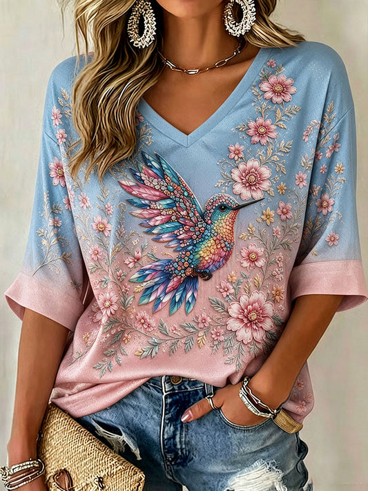 Women's Breast Cancer Awareness Flower Hummingbird Mid-length Sleeves V-Neck T-Shirt