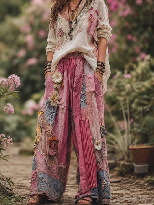 Women's Bohemian Floral Embroidery Art Contrast Color Linen Blend Casual Pants