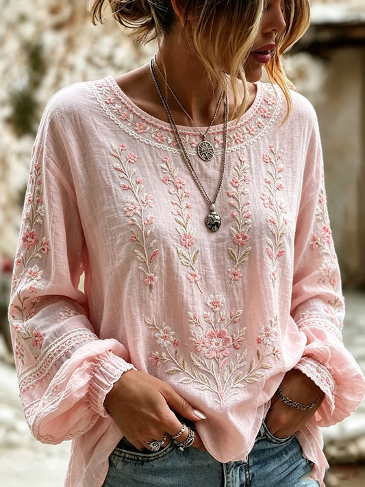 Women's Breast Cancer Pink Flowers Print Cotton-Linen Shirt