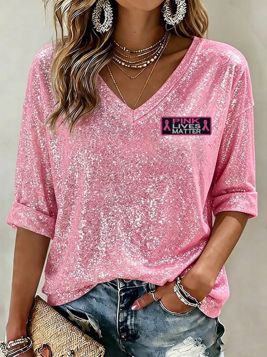 Women's Breast Cancer Awareness Support Pink Ribbon  Mid-length Sleeves V-Neck T-Shirt