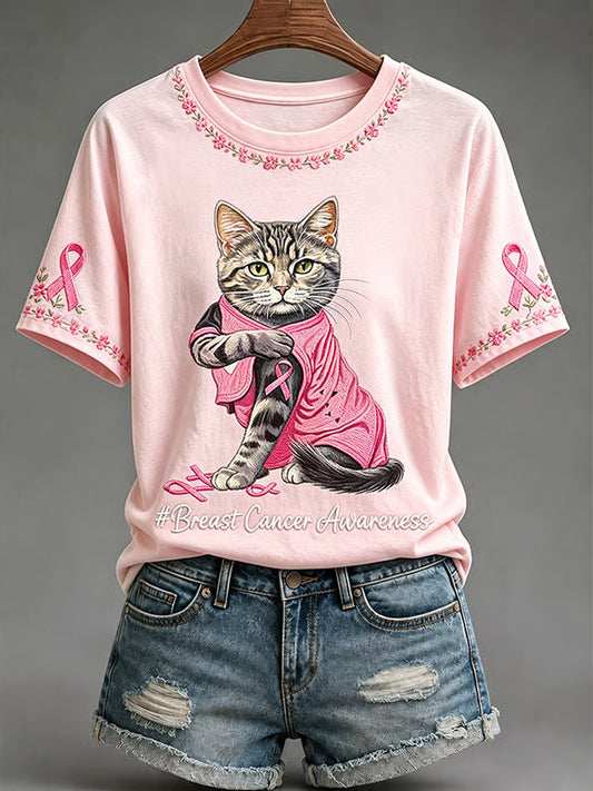 Women's Pink Ribbon & Floral Cat Print Breast Cancer Awareness Support Short Sleeve T-Shirt