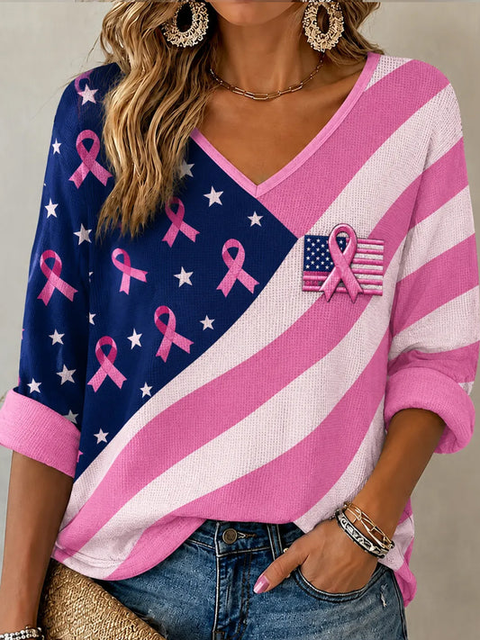 Women's Pink Ribbon & Flag Print Breast Cancer Awareness Support  Waffle T-shirt