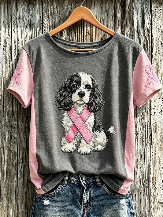 Women's Breast Cancer Cute Dog Pattern Printed Casual Short-Sleeve T-Shirt