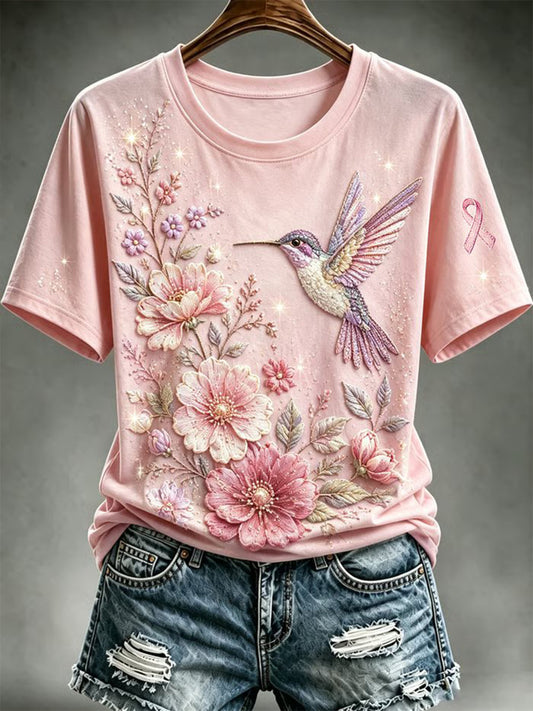 Women's Pink Ribbon & Floral  Hummingbird Print Breast Cancer Awareness Support Short Sleeve T-Shirt
