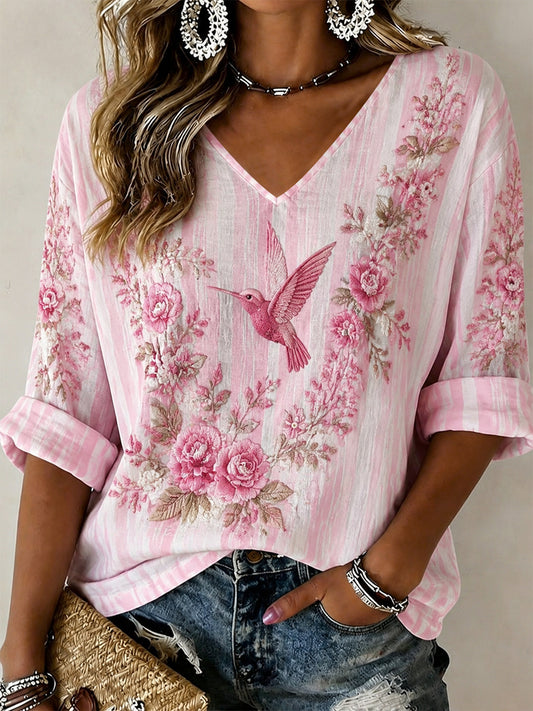 Women's Breast Cancer Pink Flowers Print Casual T-shirt