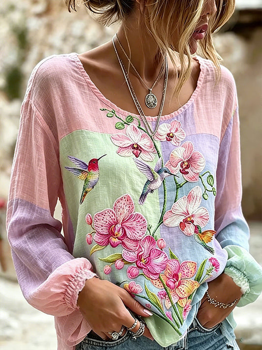 Women's Breast Cancer Awareness Flower Hummingbird Cotton-Linen Shirt