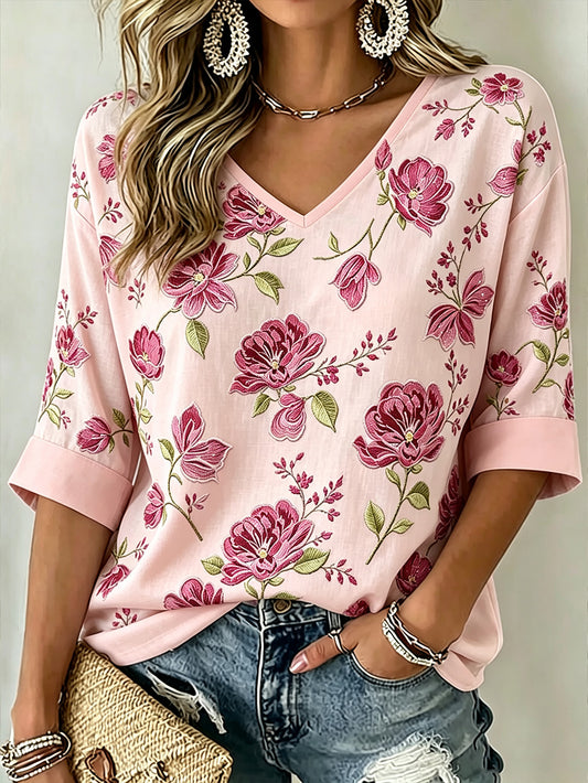 Women's Pink Flowers Pattern Printed Mid-length Sleeves V-Neck T-Shirt