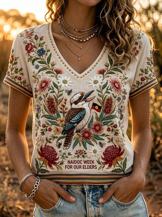 Women's AU Aboriginal Art NAIDOC Week Printed V-neck T-Shirt