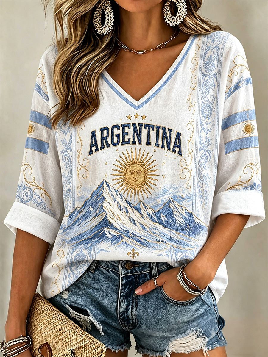 Women's Argentina Print Casual V-Neck Tee