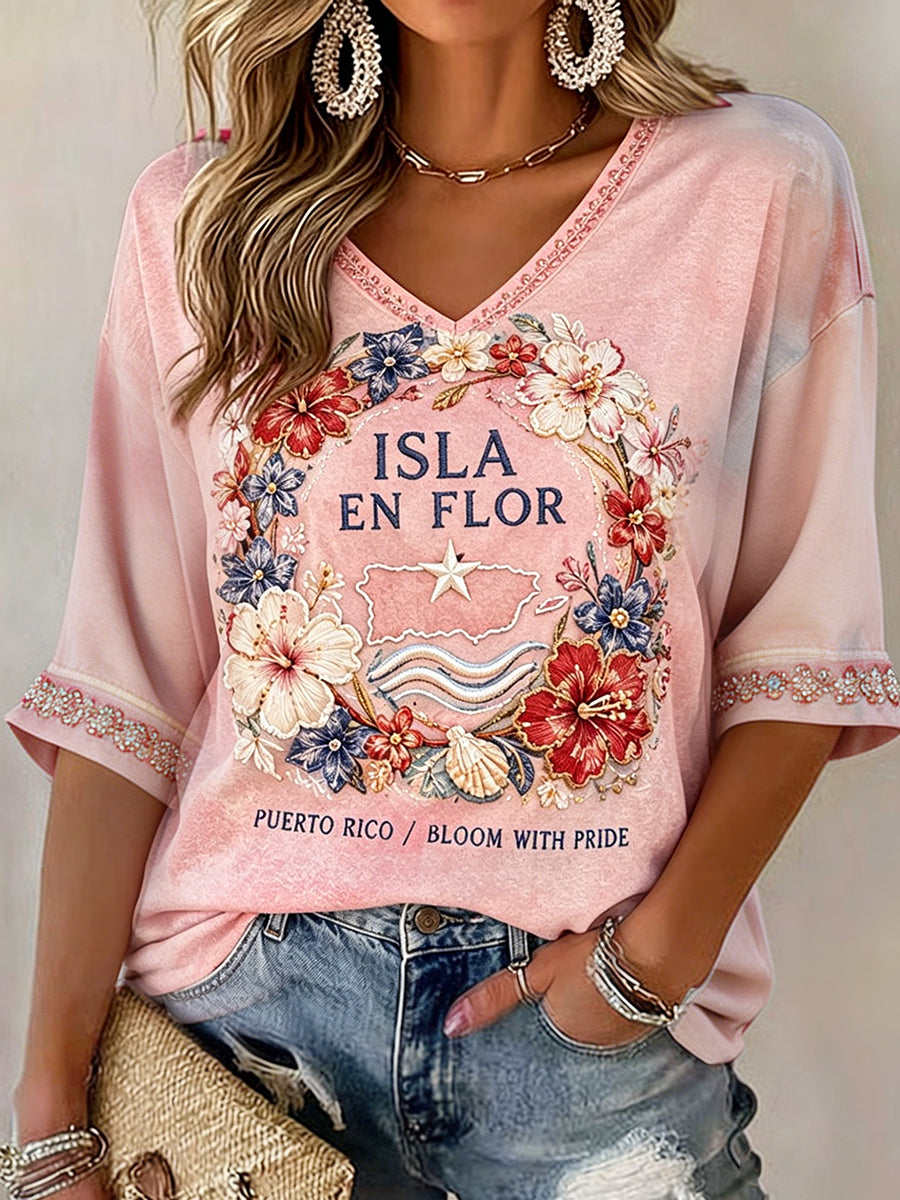 Women's Puerto Rico Floral Art Printed T-shirts