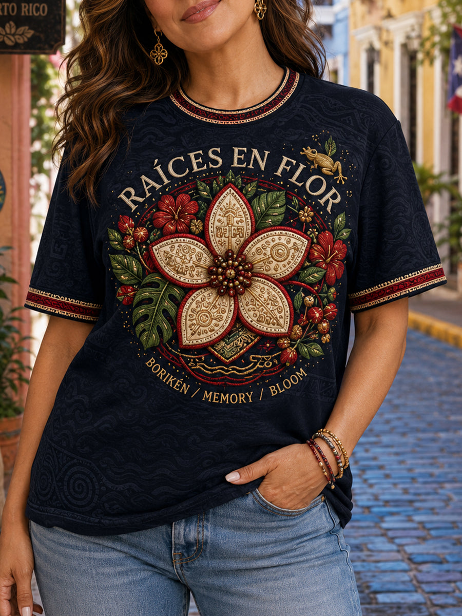 Women's Puerto Rico Taino Art Printed Linen T-shirt