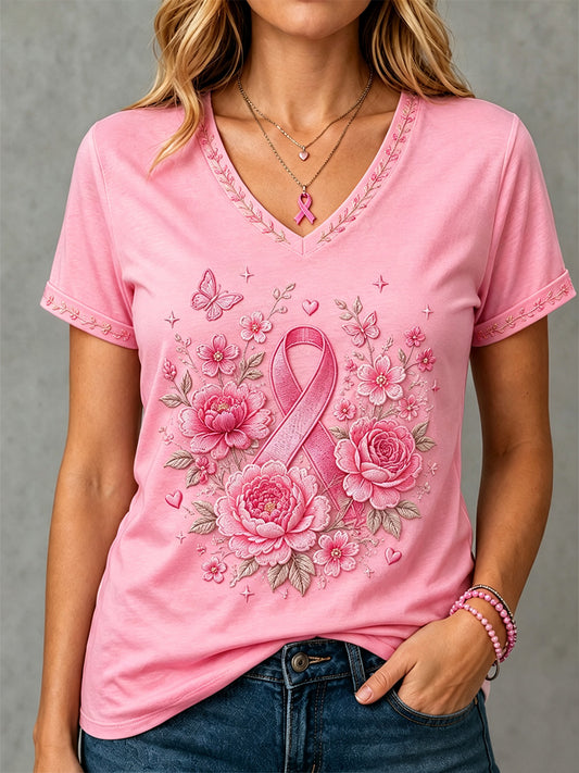 Women's Pink Floral Print Breast Cancer Awareness Support V-Neck Tee