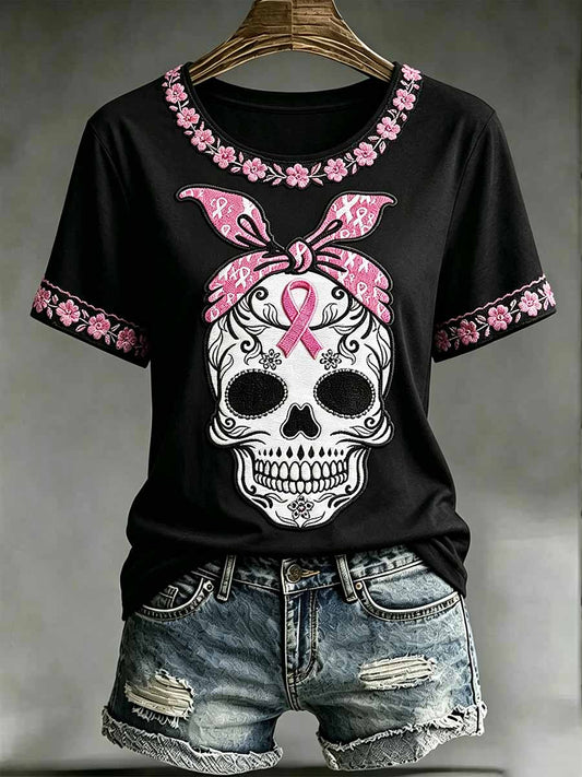 Women's Skull Pattern Breast Cancer Awareness Printed T-Shirt