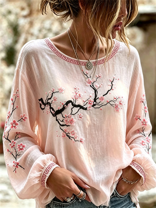 Women's Classy Cherry Blossom Japanese Art Print Cotton-Linen Shirt