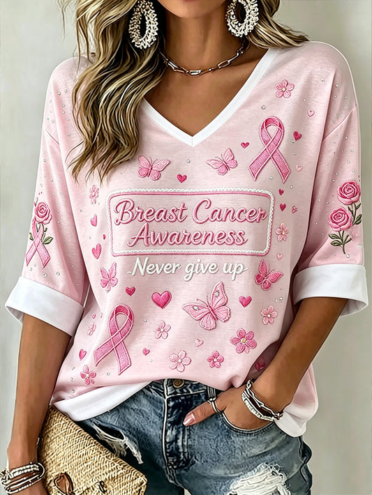 Women's Breast Cancer Awareness Main Pattern Printed Mid-length Sleeves V-Neck T-Shirt
