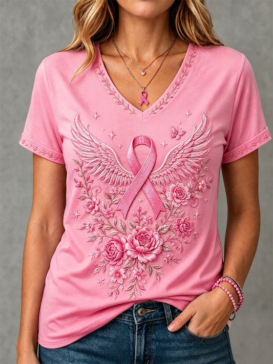 Women's Pink Floral Print Breast Cancer Awareness Support V-Neck Tee