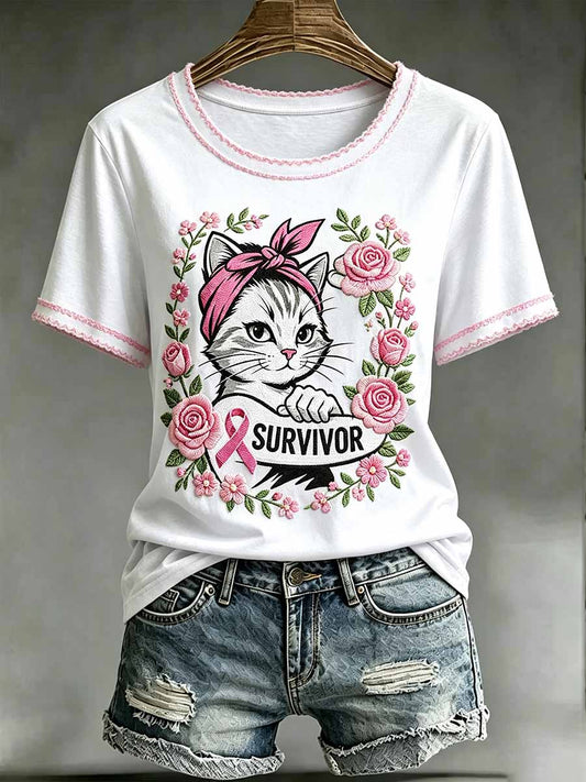 Women's Cat Pattern Breast Cancer Awareness Printed T-Shirt