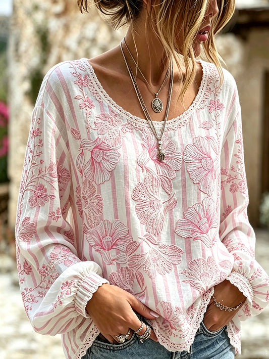 Women's Pink Floral Pattern Print Casual Cotton-Linen Shirt