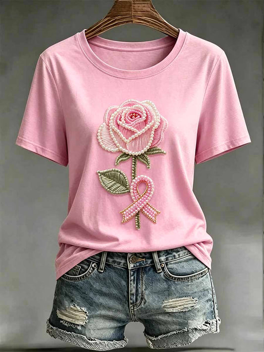 Women's Fashion Floral Breast Cancer Support Printed T-Shirt