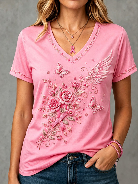 Women's Pink Floral Print Breast Cancer Awareness Support V-Neck Tee