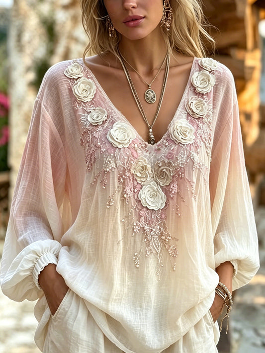 Women's Pink Floral Pattern Print Casual Cotton-Linen Shirt