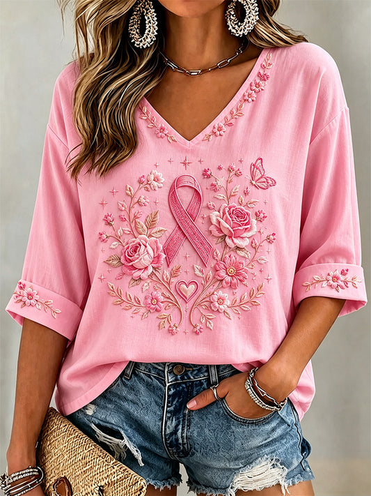 Women's Pink Floral Print Breast Cancer Awareness Support Half-Sleeves V-Neck Tee