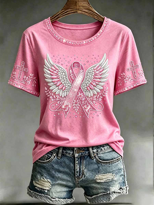 Women's Fashion Angel Wing Breast Cancer Support Printed T-Shirt