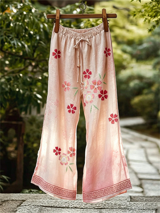 Women's Japanese Cherry Blossom Traditional Art Print Flowy Wide Leg Linen Pants