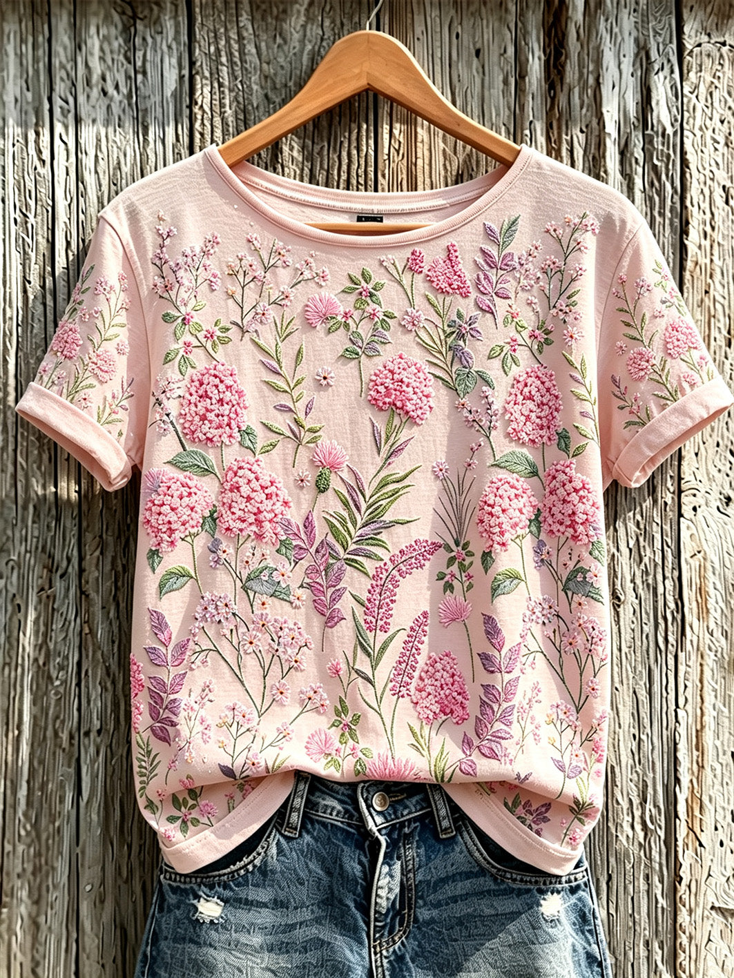Women's Pink Floral Pattern Print Casual T-shirt